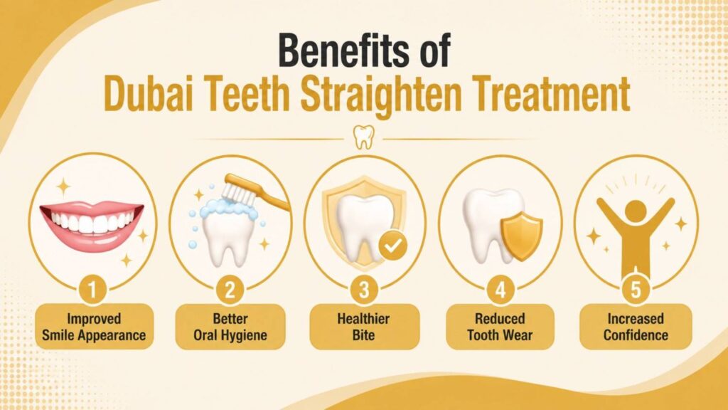 Infographic highlighting the benefits of Dubai Teeth Straighten Treatment, including improved smile appearance, better oral hygiene, healthier bite, reduced tooth wear, and increased confidence.