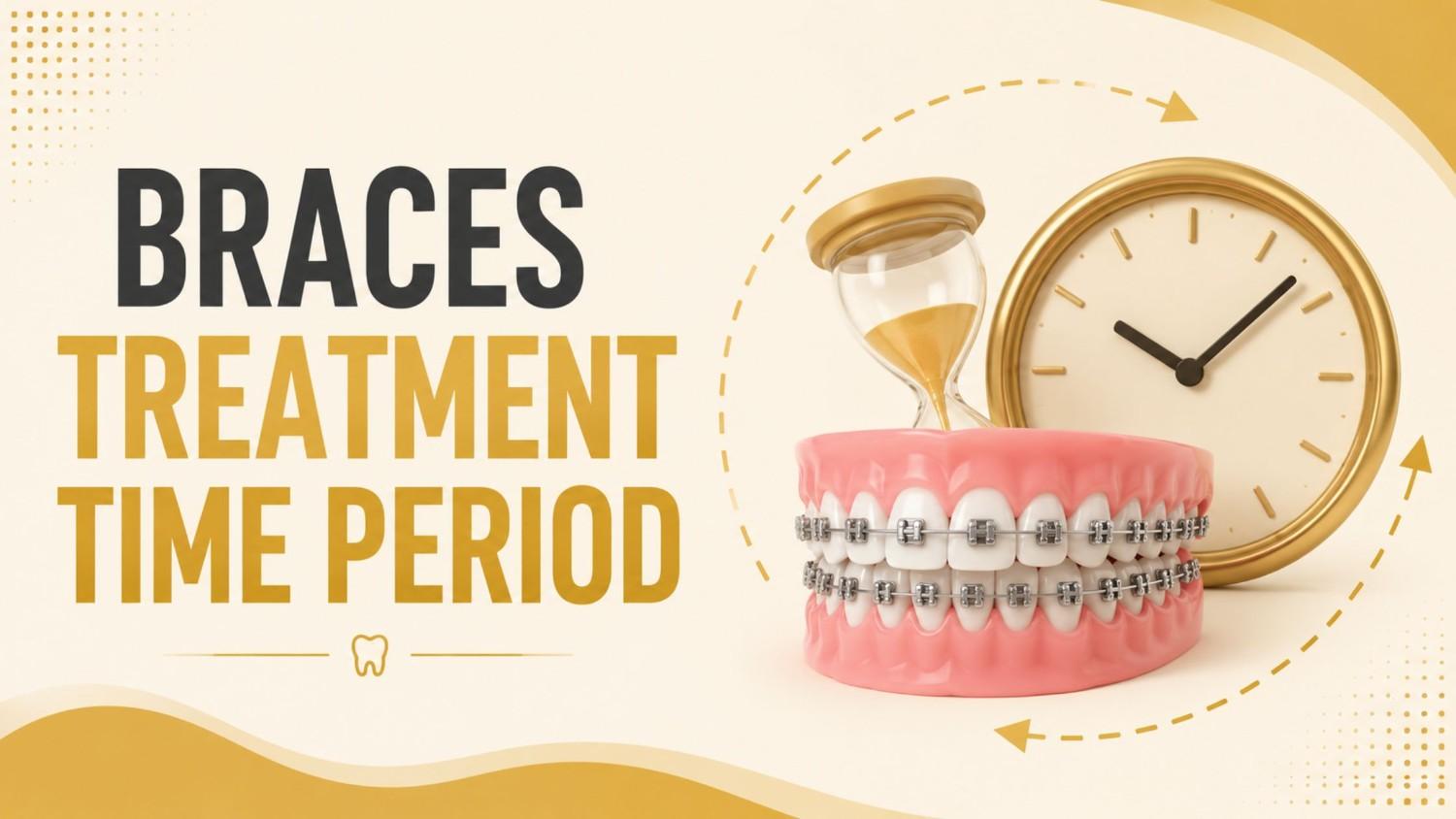 Feature image illustrating the Braces Treatment Time Period with dental braces, a clock, and an hourglass representing the orthodontic treatment timeline from start to completion.