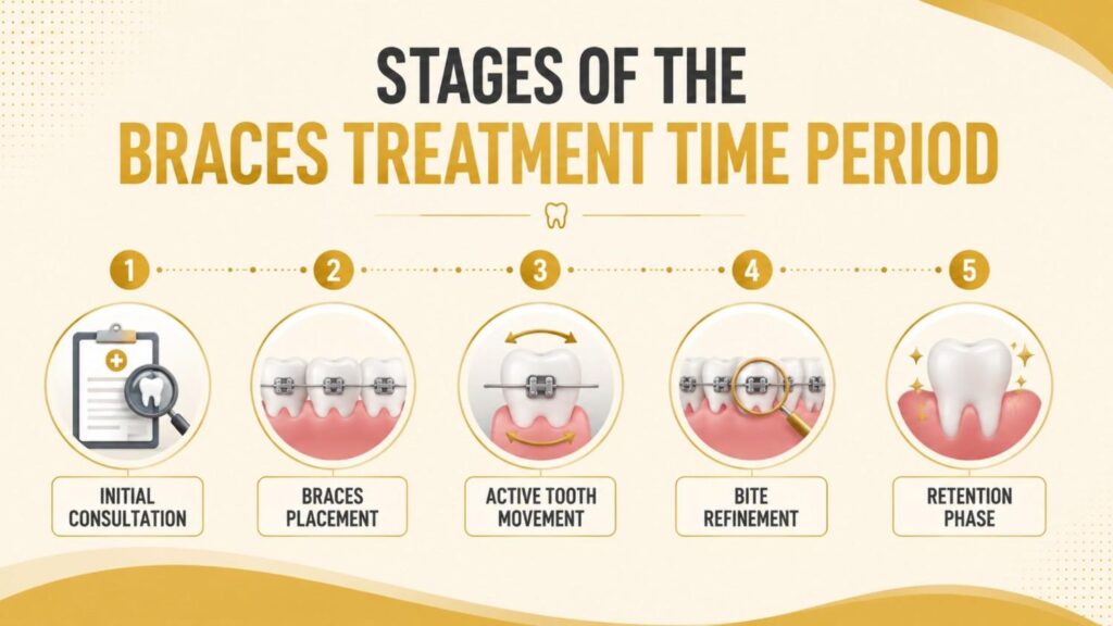 Infographic showing the stages of the Braces Treatment Time Period, including initial consultation, braces placement, active tooth movement, bite refinement, and the retention phase.