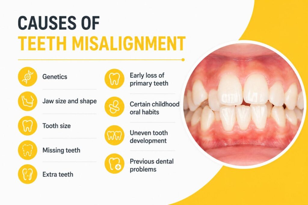 Medical infographic illustrating the common causes of teeth misalignment with a close-up of crowded teeth and key contributing factors.