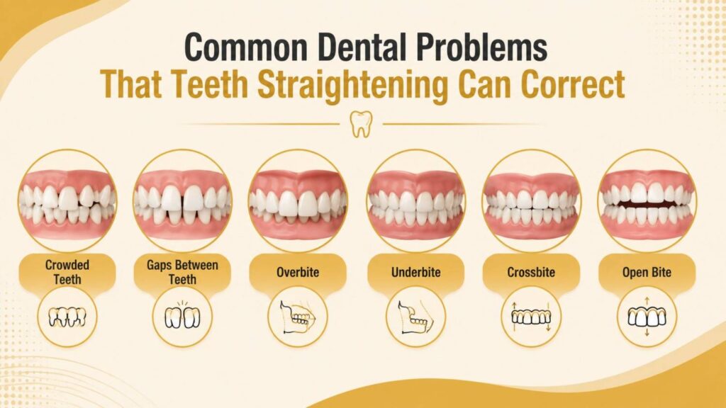 Infographic showing common dental problems corrected by Dubai Teeth Straighten Treatment, including crowded teeth, gaps between teeth, overbite, underbite, crossbite, and open bite.