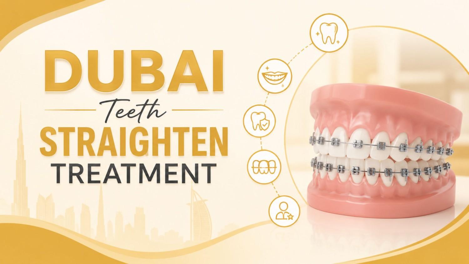 Feature image illustrating Dubai Teeth Straighten Treatment with dental braces, orthodontic care icons, and a dental model representing teeth alignment and smile improvement.