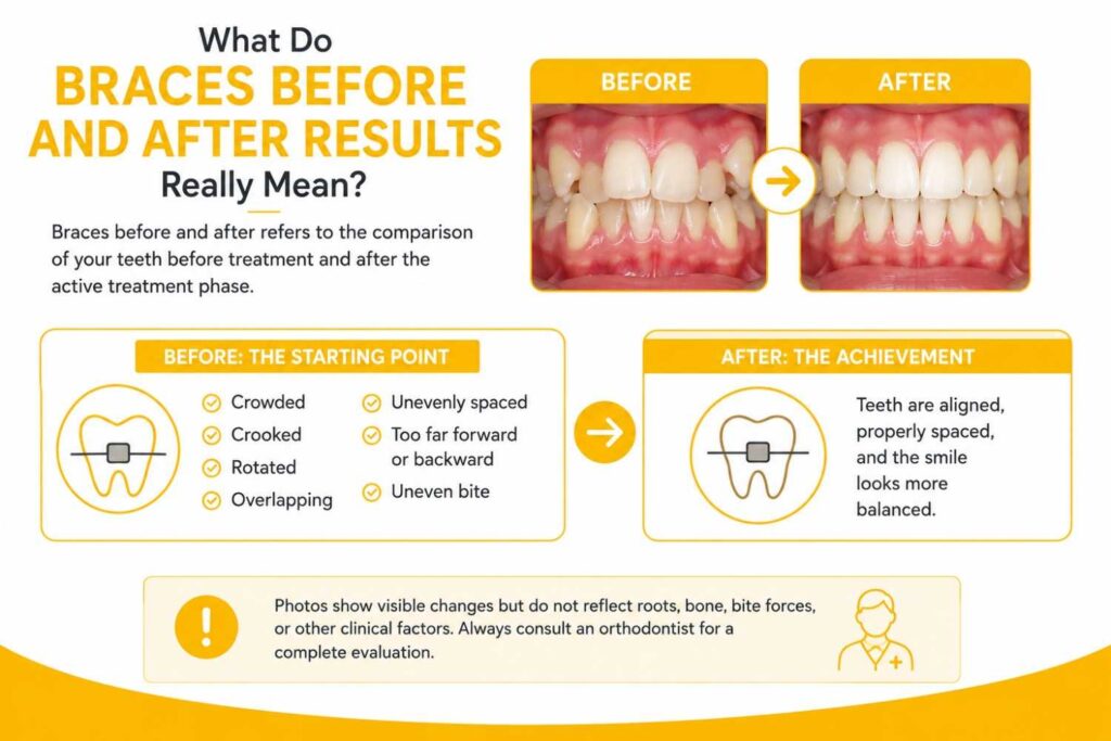 Braces before and after results showing improved teeth alignment after orthodontic treatment in a simple yellow and white infographic.