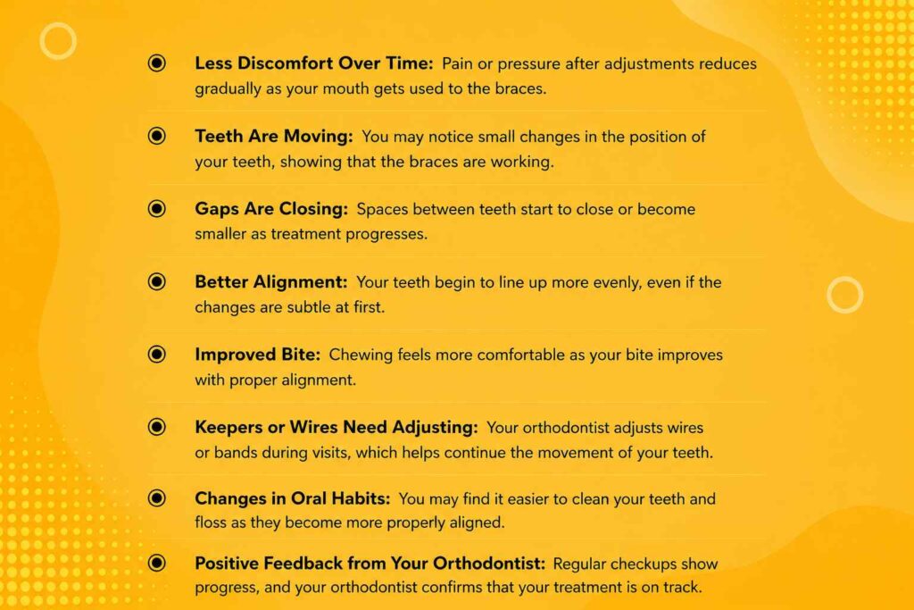 Infographic showing the signs your braces are working, including tooth movement, closing gaps, improved bite, and better alignment during orthodontic treatment.