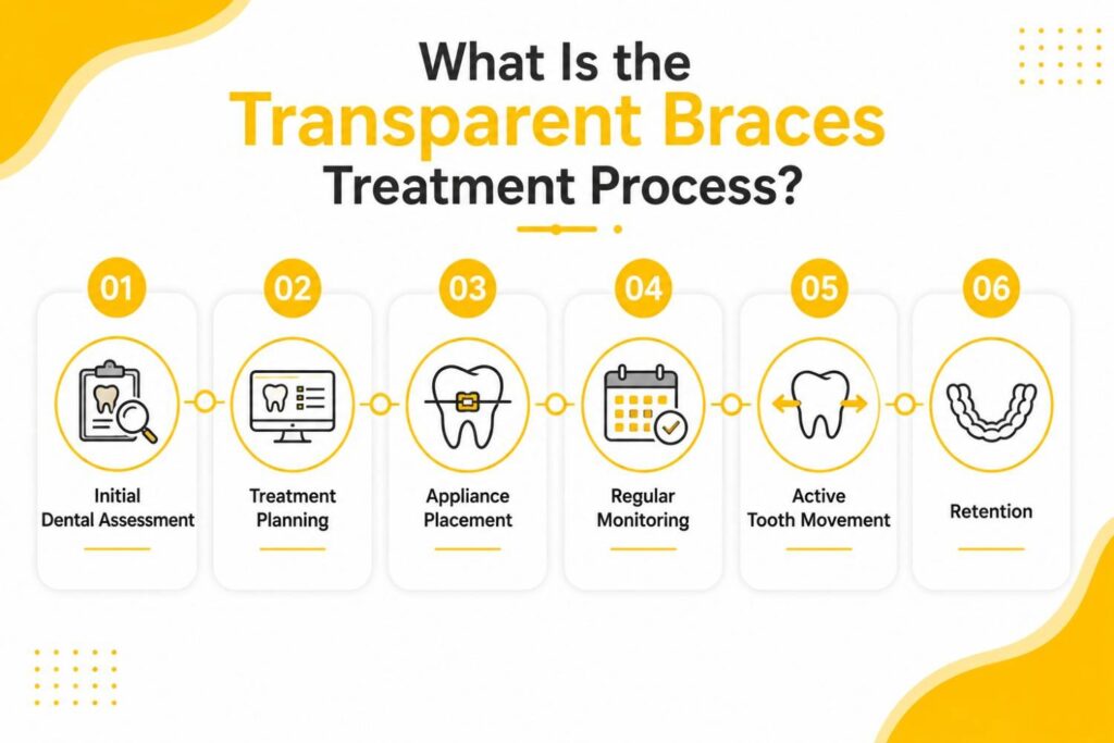 Transparent braces treatment process showing six steps: initial dental assessment, treatment planning, appliance placement, regular monitoring, active tooth movement, and retention.