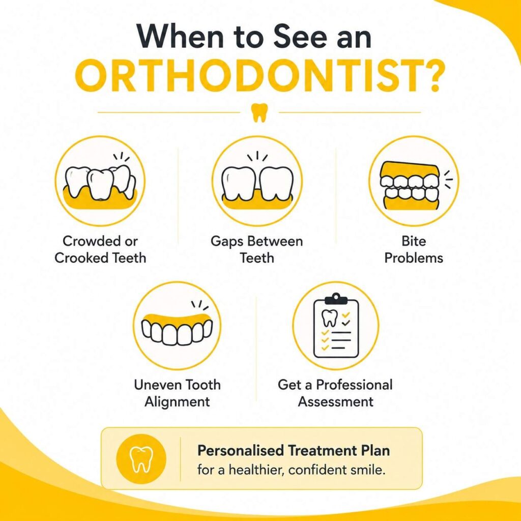 Simple yellow and white infographic showing common signs that indicate when to seek an orthodontic assessment.